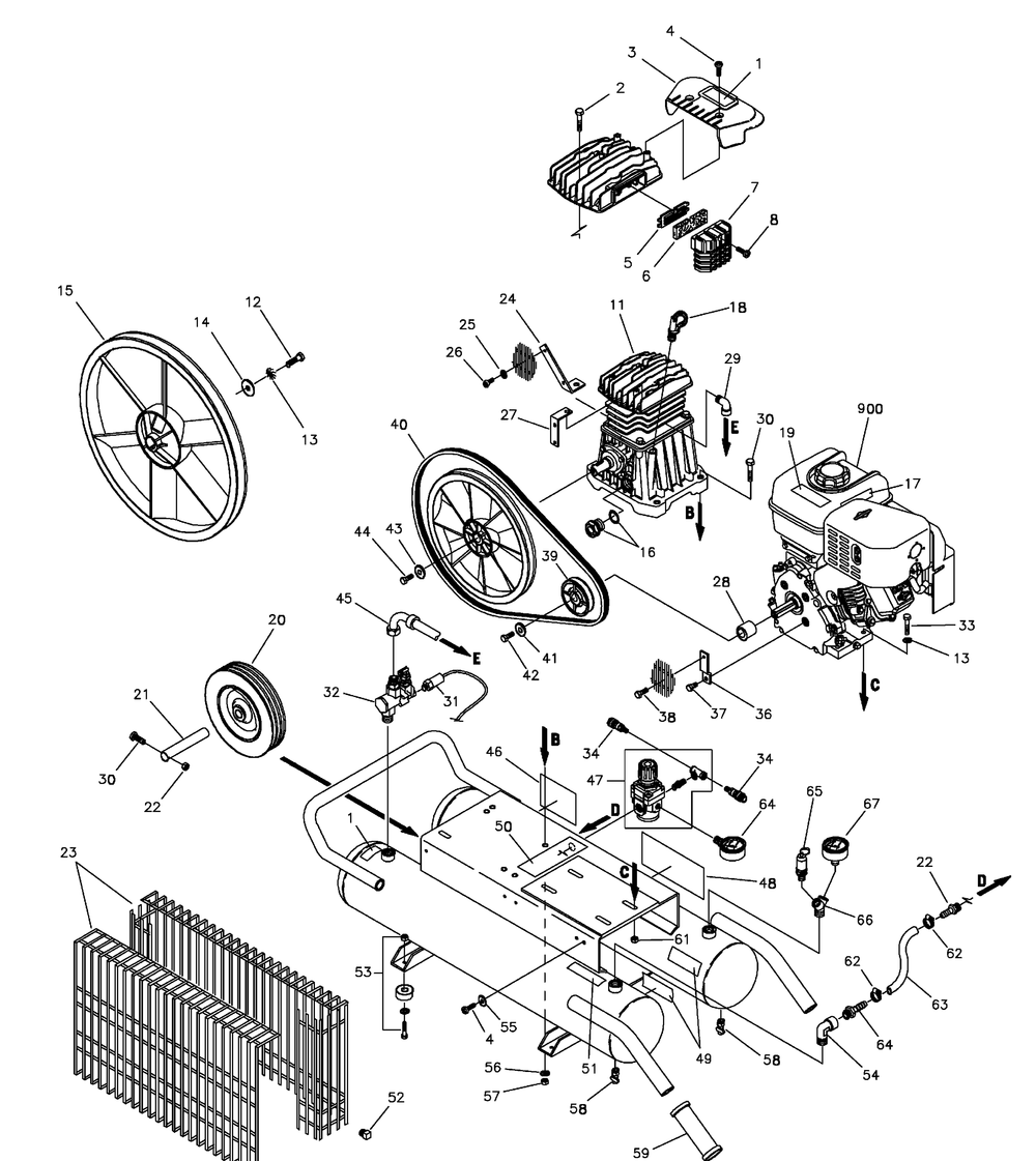 Air Compressor Diagram and Parts List for 074010-0-110CFM  Briggs and Stratton Compressor